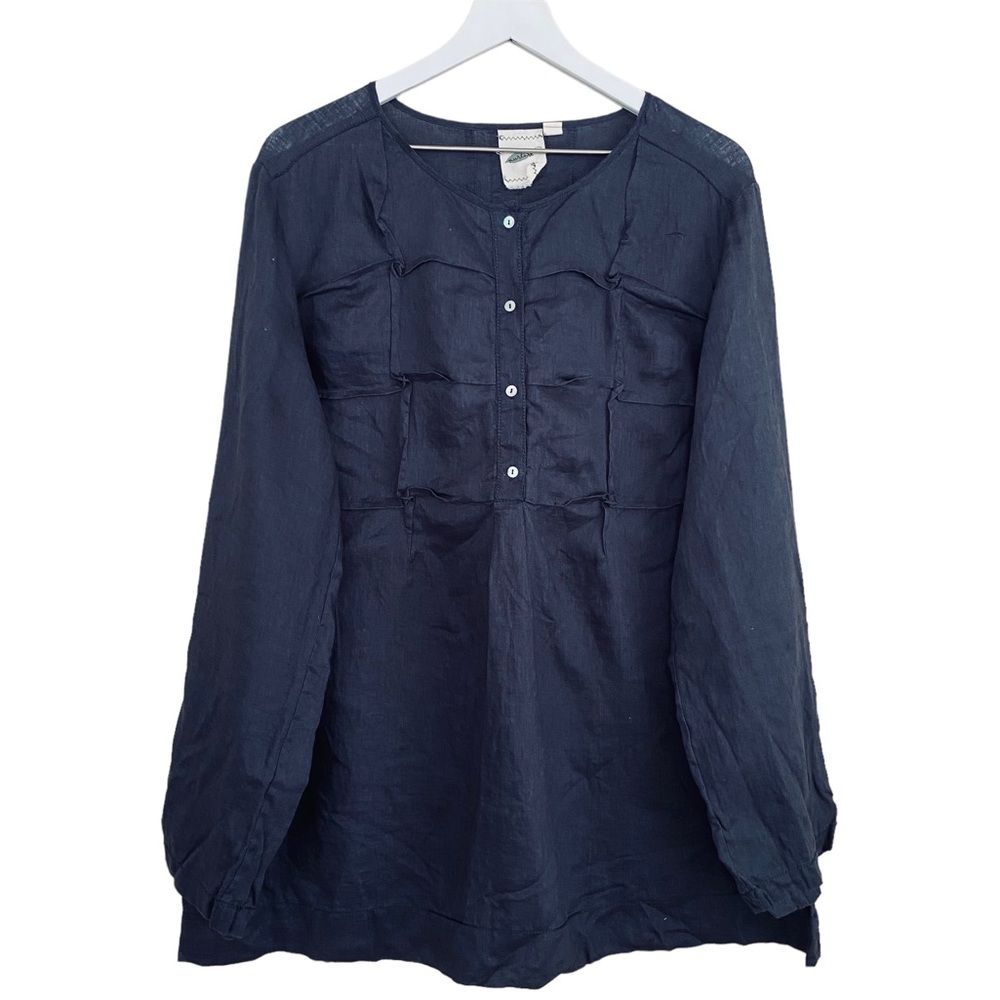 Nurture 100% Linen Dark Navy PinTuck Style Long Sleeve Tunic Blouse Size XL